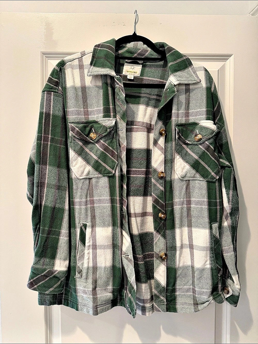 Offline by Aerie Oversized Green Plaid Flannel Shacket Small